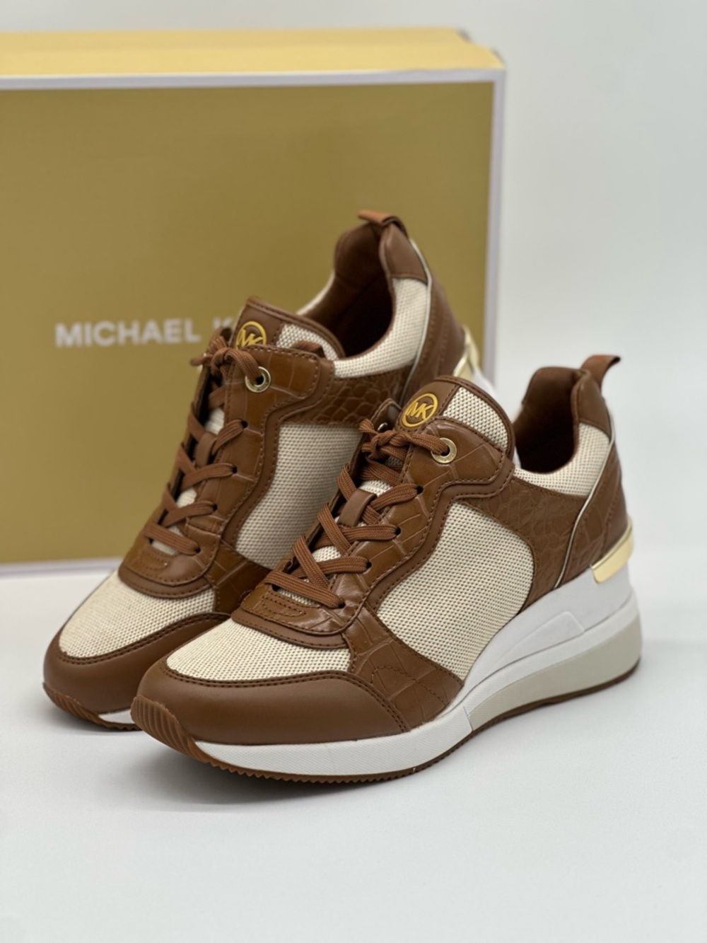 Michael Kors Brown and Cream Leather Mesh Sneakers